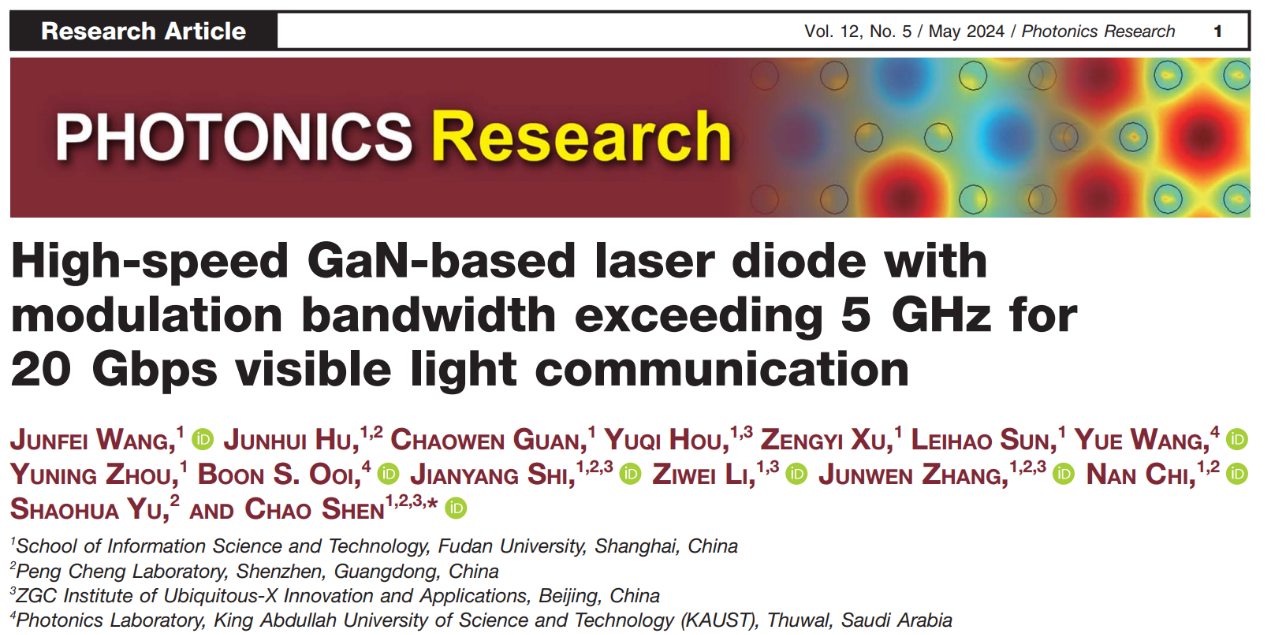 复旦大学、鹏城实验室和KAUST合作，高速光源带宽超5 GHz，可实现20 Gbps可见光通信